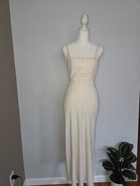 Mango Ivory Viscose Cutout Waist Lace Trim Maxi Dress XS US 2